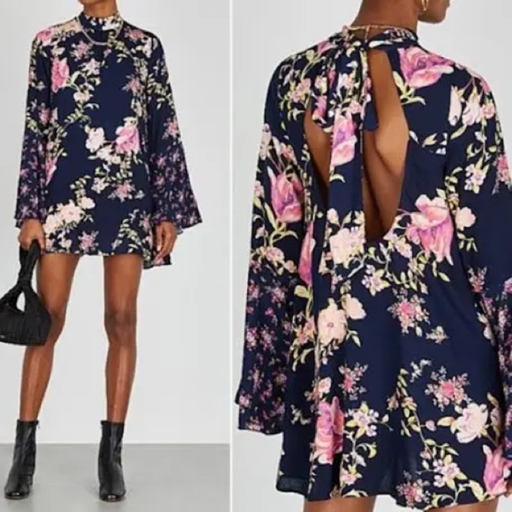 NWT Free People Tate Tunic Dress Navy Floral Bell Sleeve Open Back Boho Mini M